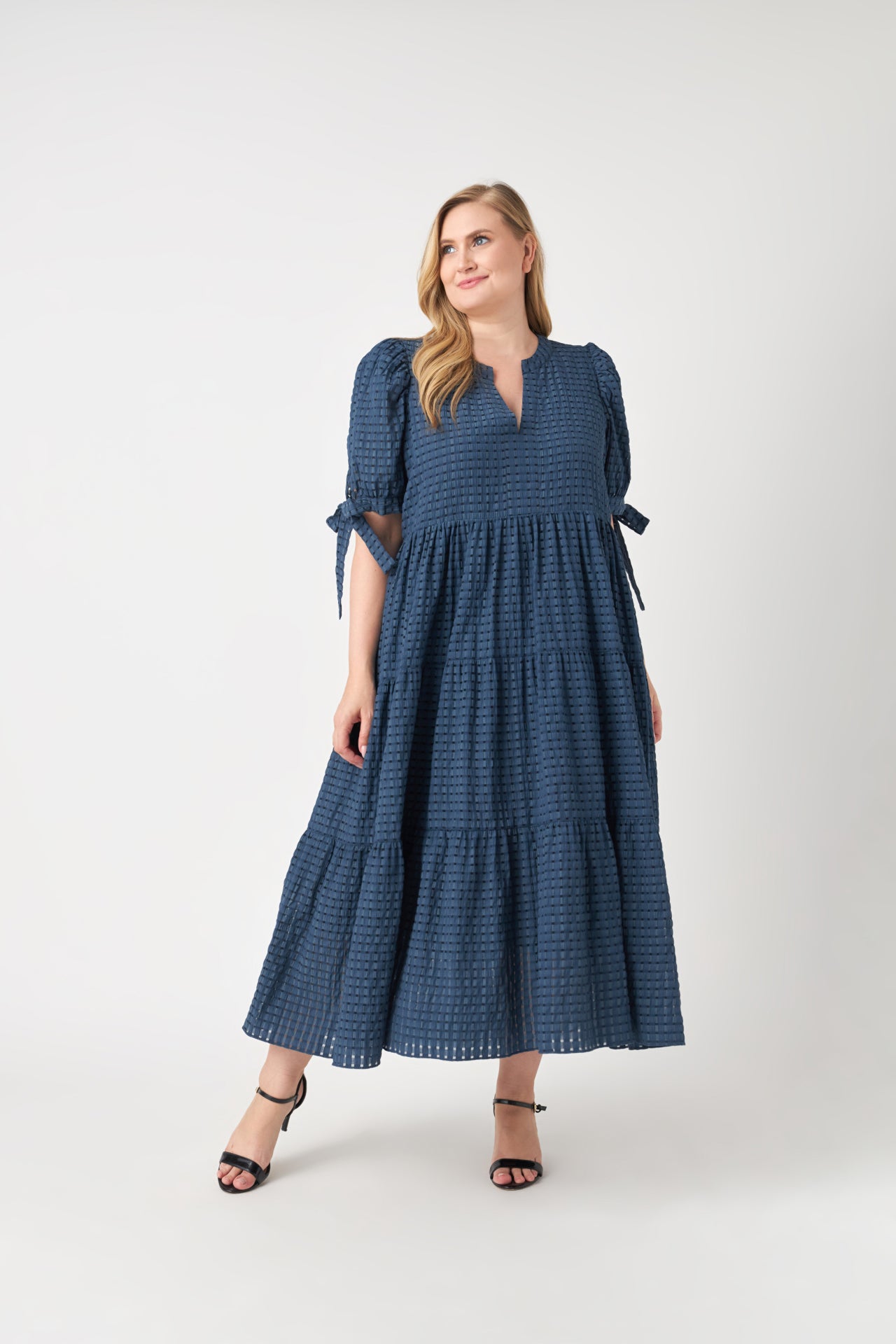 ENGLISH FACTORY - Gingham Tiered Midi Dress with Bow Tie Sleeves - DRESSES available at Objectrare