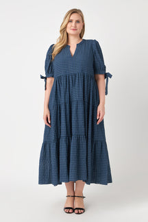 ENGLISH FACTORY - Gingham Tiered Midi Dress with Bow Tie Sleeves - DRESSES available at Objectrare