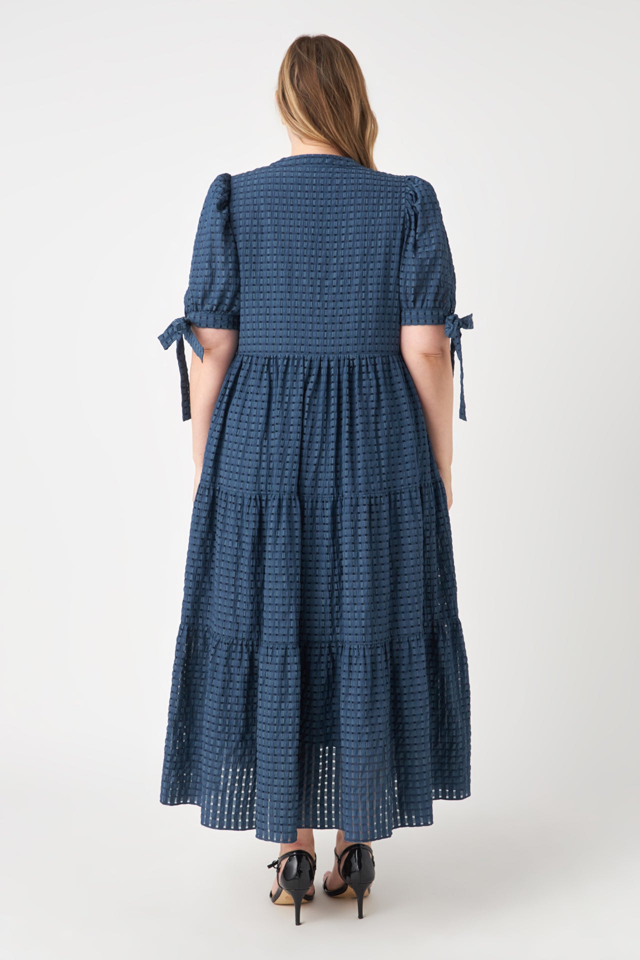 ENGLISH FACTORY - Gingham Tiered Midi Dress with Bow Tie Sleeves - DRESSES available at Objectrare