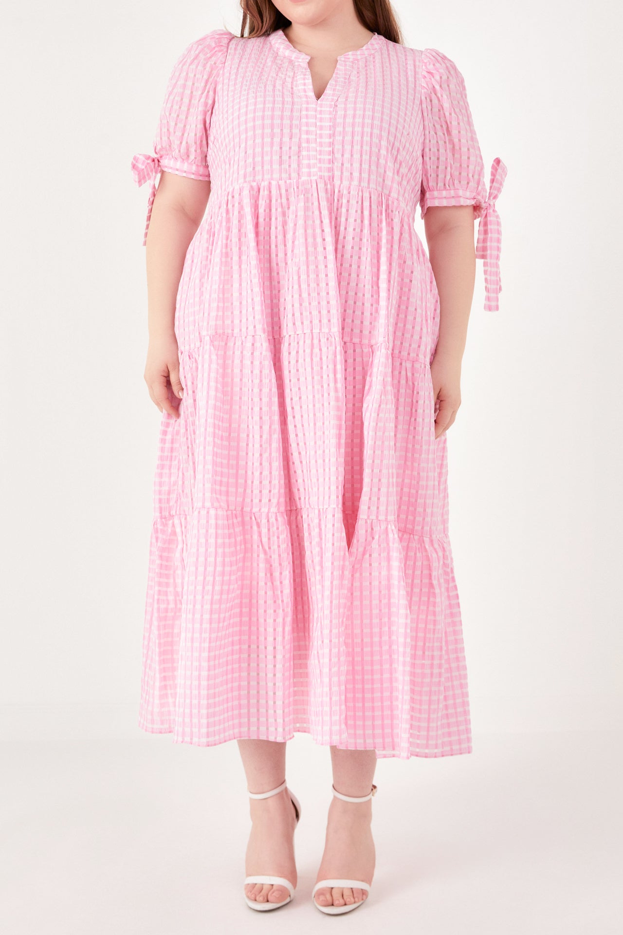 ENGLISH FACTORY - English Factory - Gingham Tiered Midi Dress with Bow Tie Sleeves - Plus - DRESSES available at Objectrare