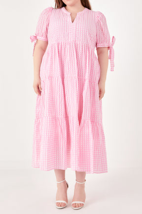 ENGLISH FACTORY - English Factory - Gingham Tiered Midi Dress with Bow Tie Sleeves - Plus - DRESSES available at Objectrare