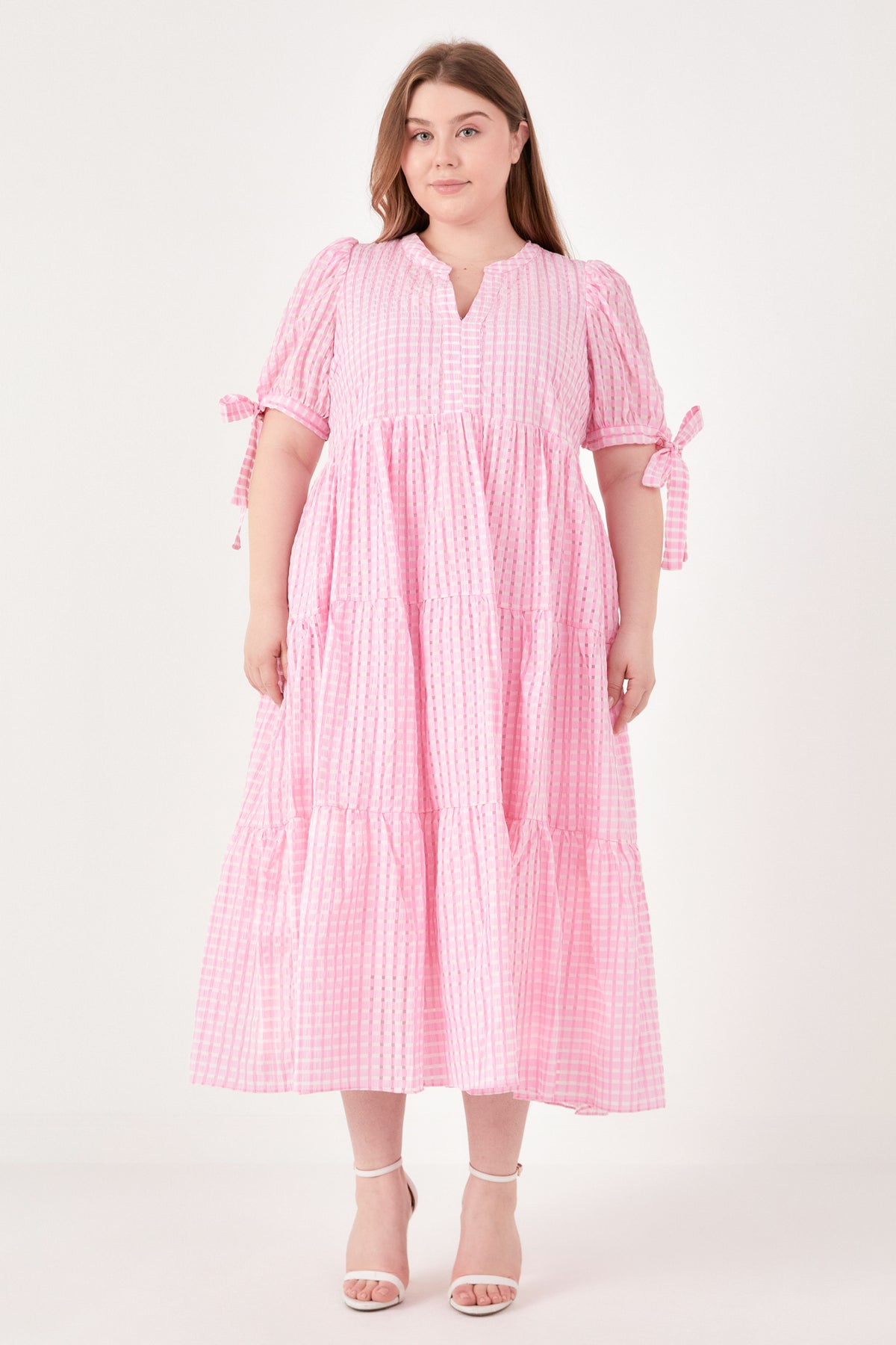 ENGLISH FACTORY - English Factory - Gingham Tiered Midi Dress with Bow Tie Sleeves - Plus - DRESSES available at Objectrare