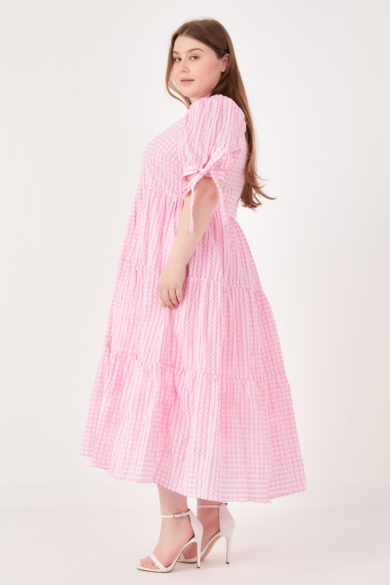 ENGLISH FACTORY - English Factory - Gingham Tiered Midi Dress with Bow Tie Sleeves - Plus - DRESSES available at Objectrare