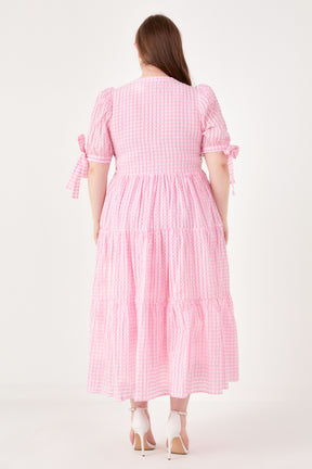 ENGLISH FACTORY - English Factory - Gingham Tiered Midi Dress with Bow Tie Sleeves - Plus - DRESSES available at Objectrare