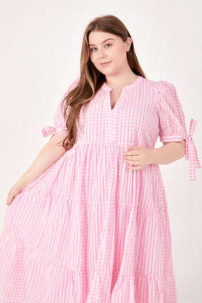 ENGLISH FACTORY - English Factory - Gingham Tiered Midi Dress with Bow Tie Sleeves - Plus - DRESSES available at Objectrare