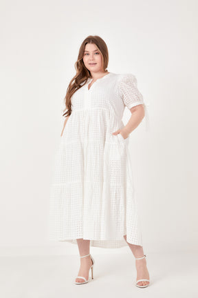 Plus Size Gingham Tiered Midi Dress with Bow Tie Sleeves