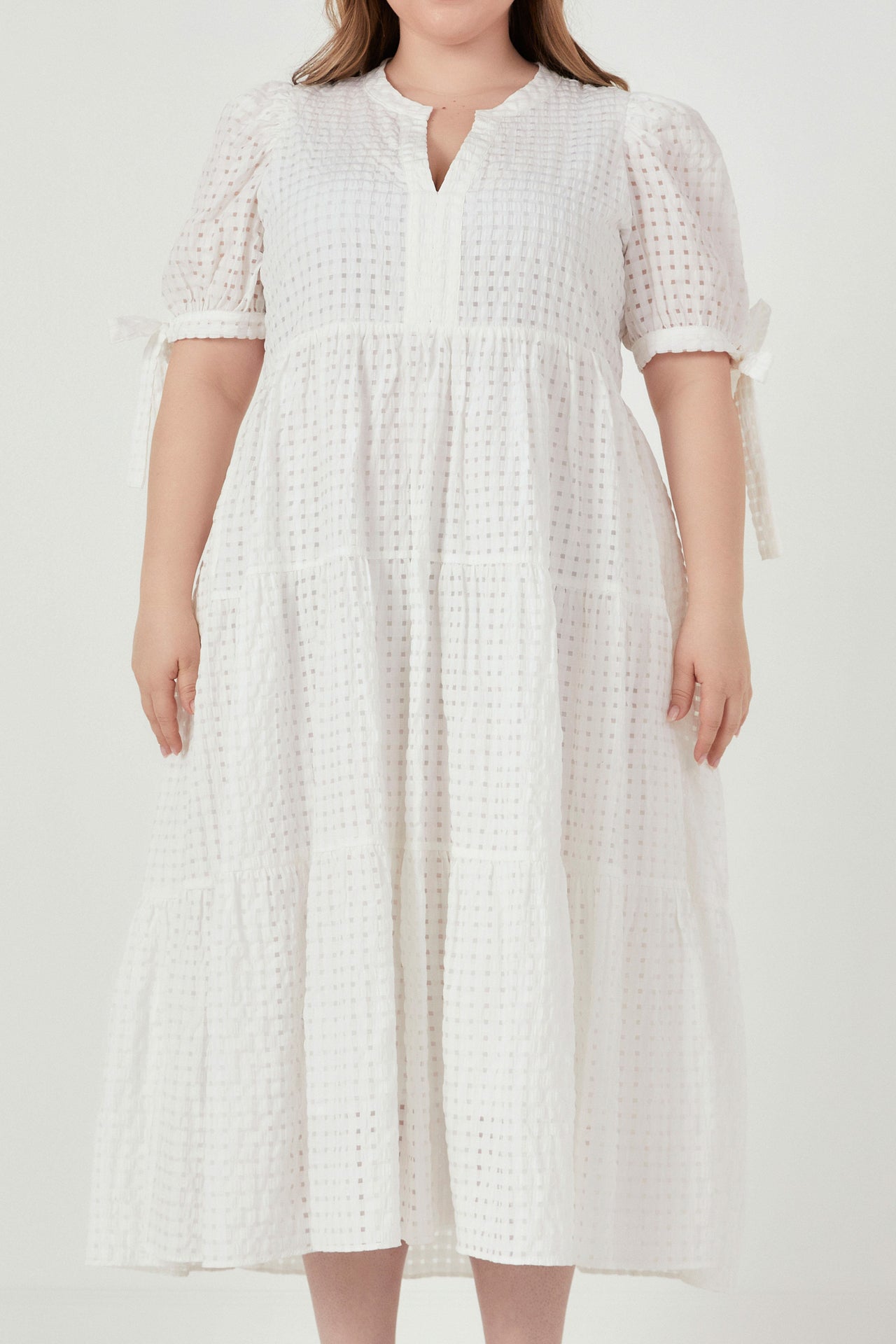 ENGLISH FACTORY - English Factory - Gingham Tiered Midi Dress with Bow Tie Sleeves - Plus - DRESSES available at Objectrare