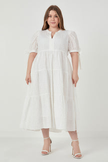 ENGLISH FACTORY - English Factory - Gingham Tiered Midi Dress with Bow Tie Sleeves - Plus - DRESSES available at Objectrare