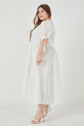 ENGLISH FACTORY - English Factory - Gingham Tiered Midi Dress with Bow Tie Sleeves - Plus - DRESSES available at Objectrare