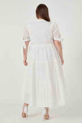 ENGLISH FACTORY - English Factory - Gingham Tiered Midi Dress with Bow Tie Sleeves - Plus - DRESSES available at Objectrare