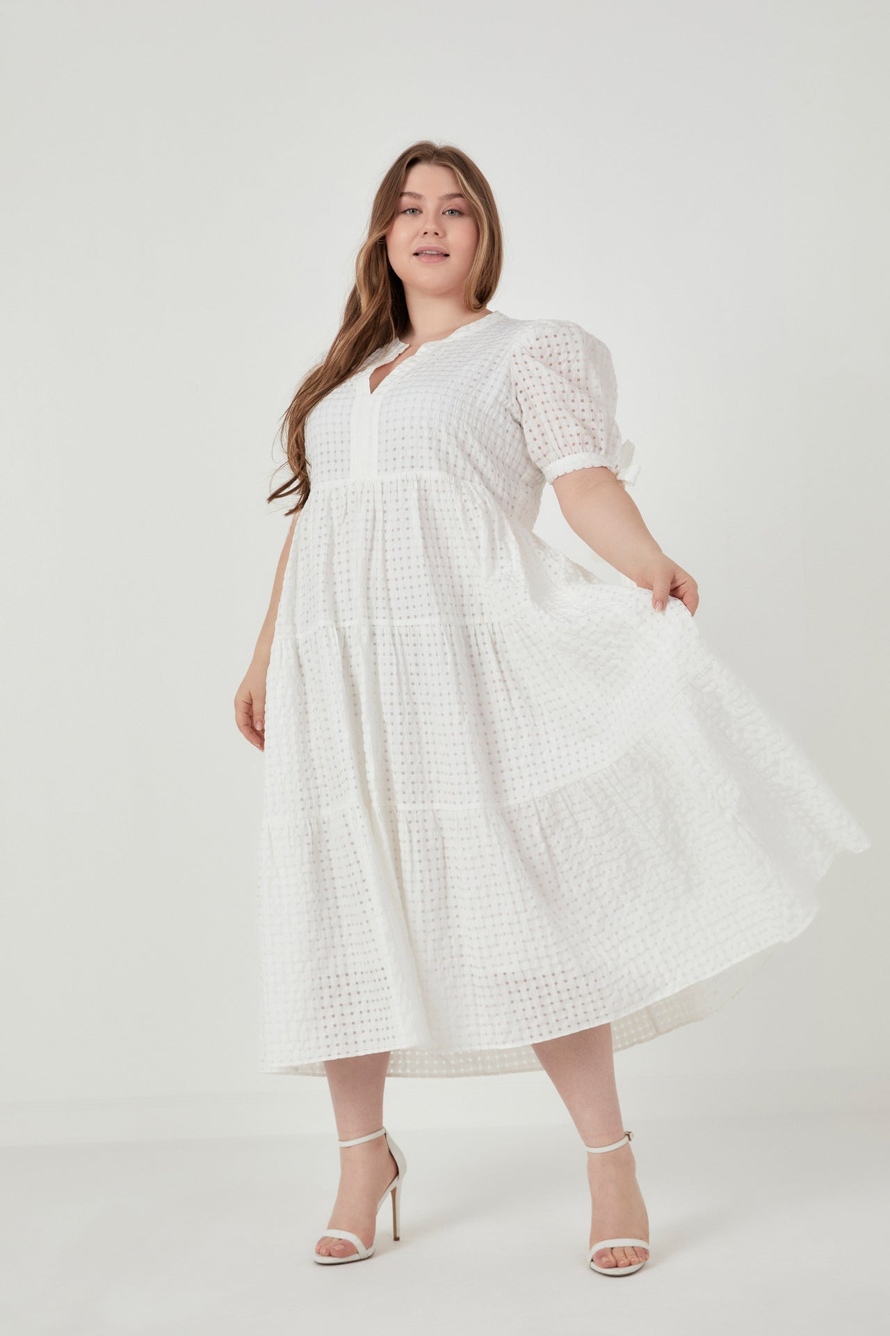 ENGLISH FACTORY - English Factory - Gingham Tiered Midi Dress with Bow Tie Sleeves - Plus - DRESSES available at Objectrare