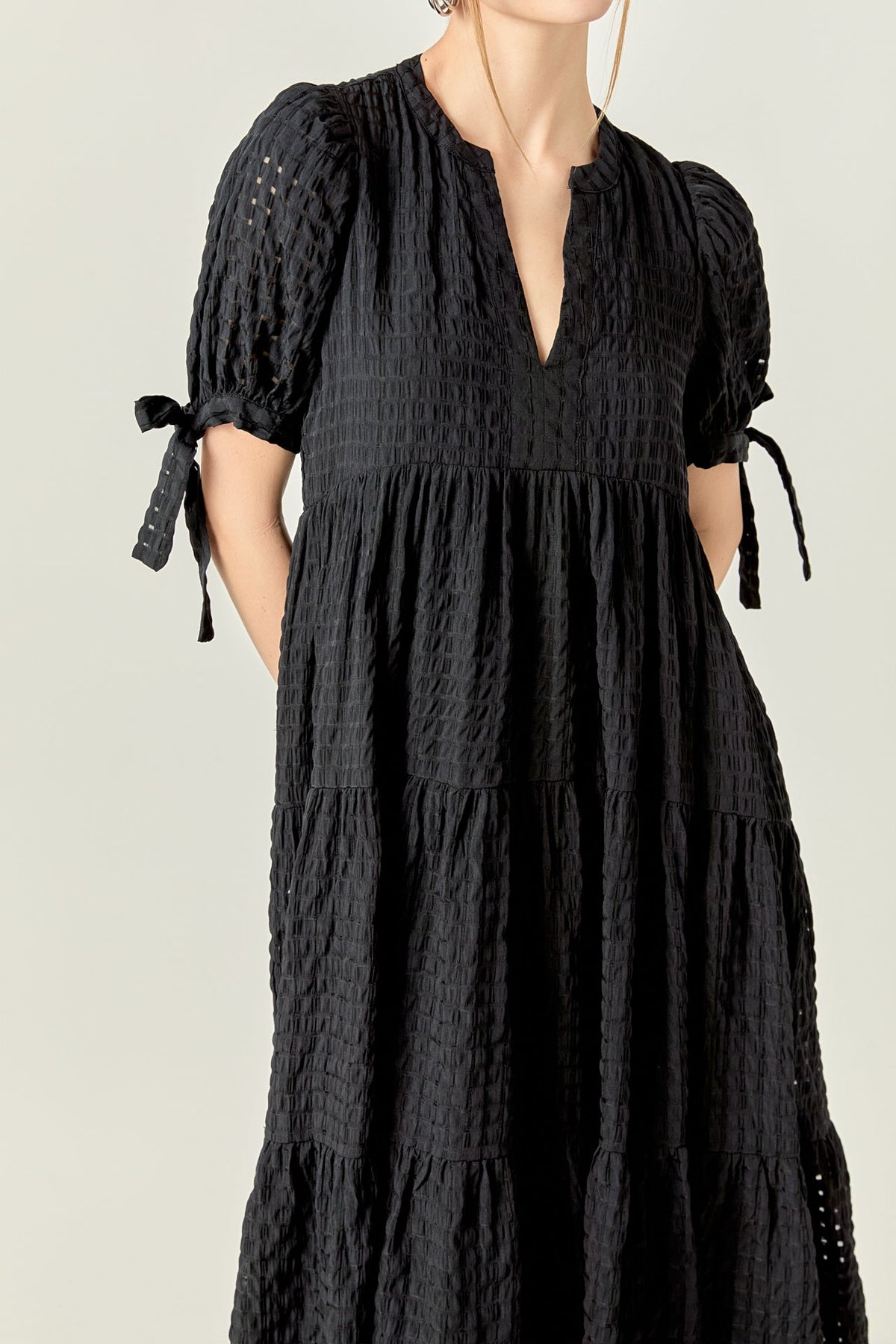 ENGLISH FACTORY - Gingham Tiered Midi Dress in Black - DRESSES available at Objectrare