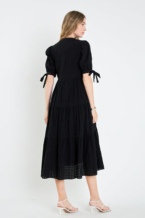 ENGLISH FACTORY - English Factory - Gingham Tiered Midi Dress with Bow Tie Sleeves - DRESSES available at Objectrare