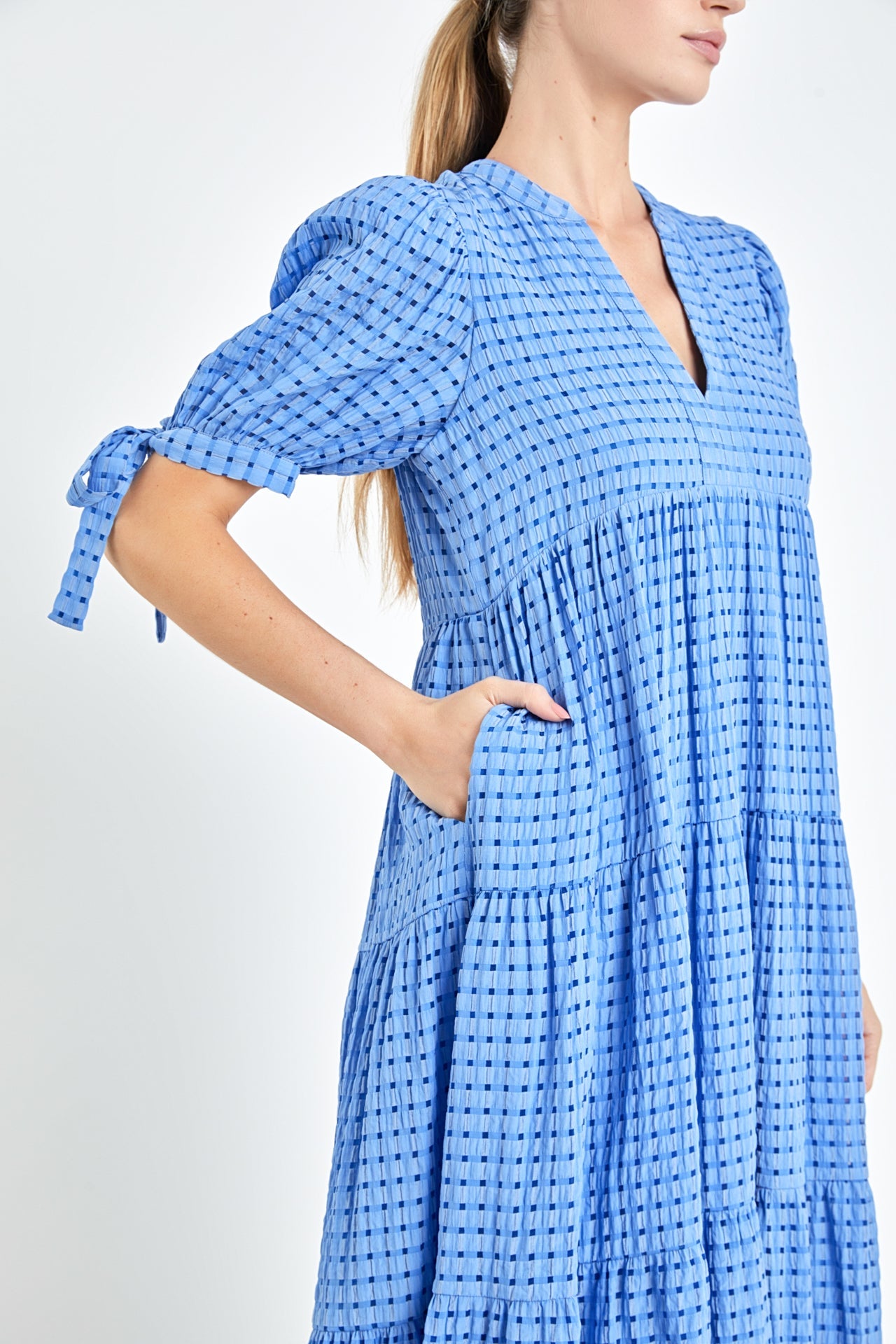 English Factory - Gingham Tiered Midi Dress with Bow Tie Sleeves