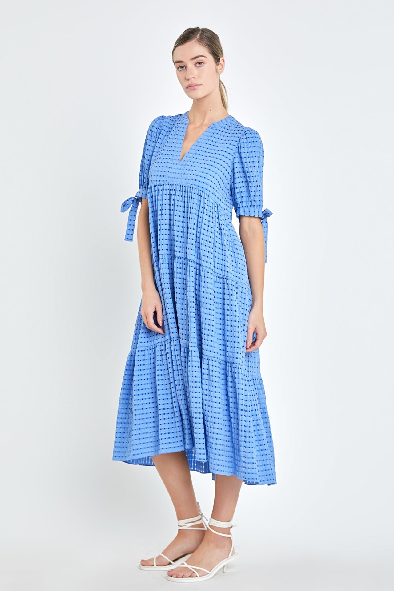 English Factory - Gingham Tiered Midi Dress with Bow Tie Sleeves