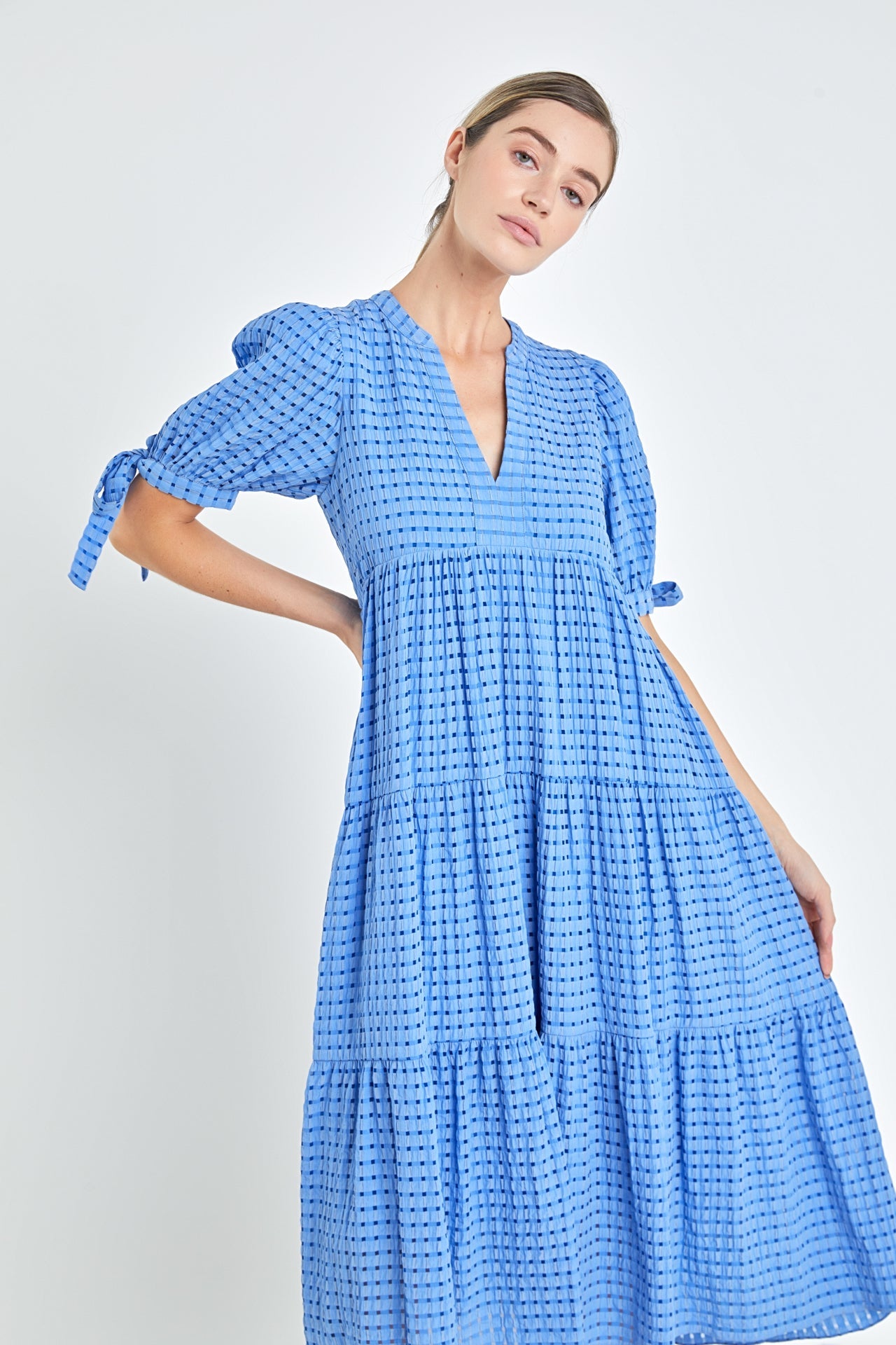 English Factory - Gingham Tiered Midi Dress with Bow Tie Sleeves