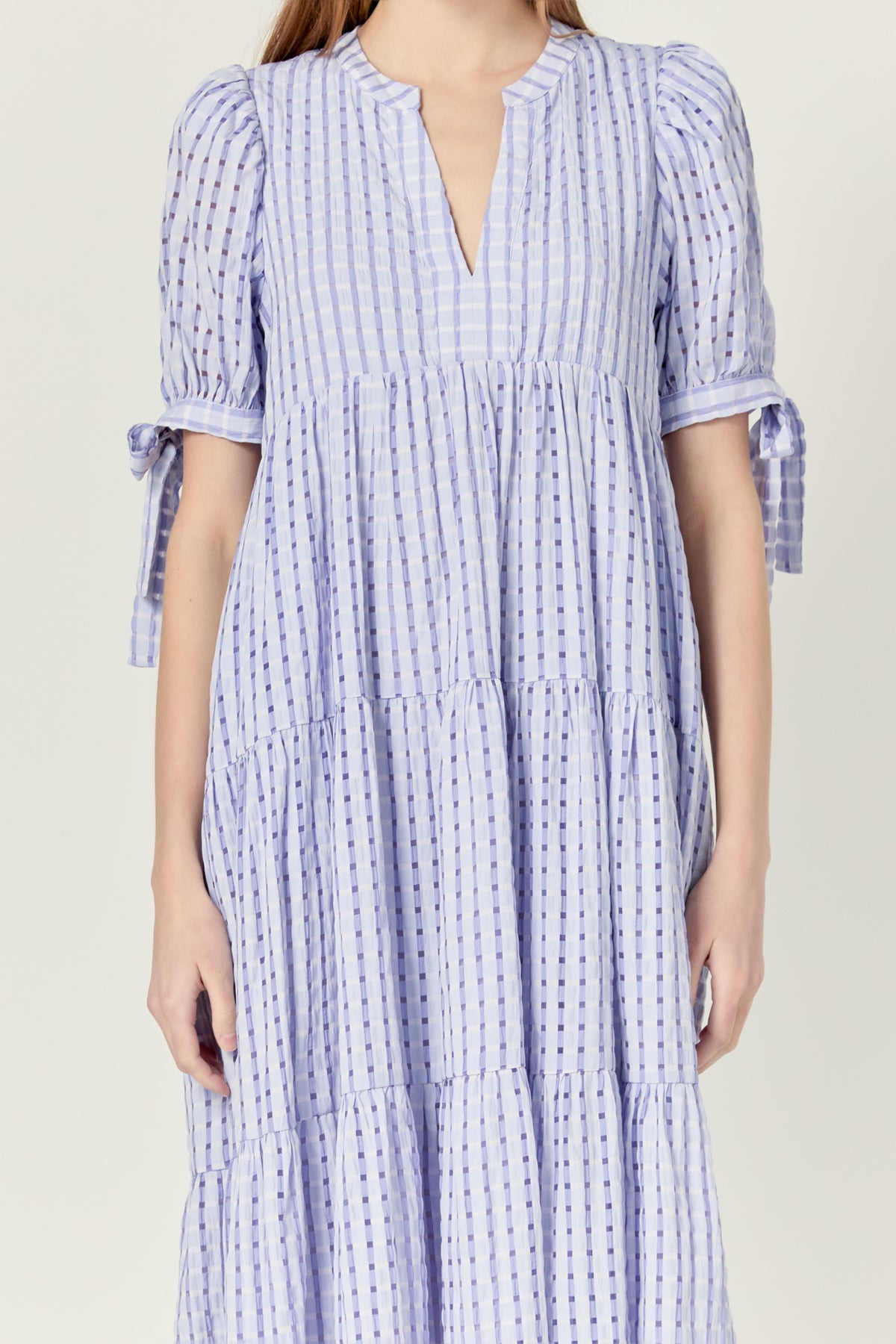 ENGLISH FACTORY - English Factory - Gingham Tiered Midi Dress with Bow Tie Sleeves - DRESSES available at Objectrare