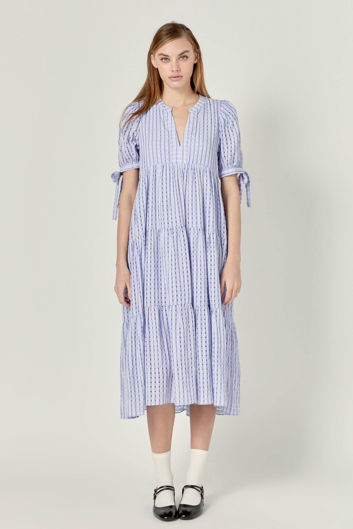 ENGLISH FACTORY - English Factory - Gingham Tiered Midi Dress with Bow Tie Sleeves - DRESSES available at Objectrare