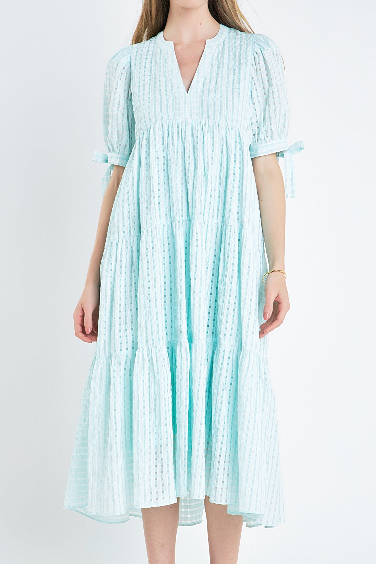 ENGLISH FACTORY - Gingham Tiered Midi Dress with Bow Tie Sleeves - DRESSES available at Objectrare