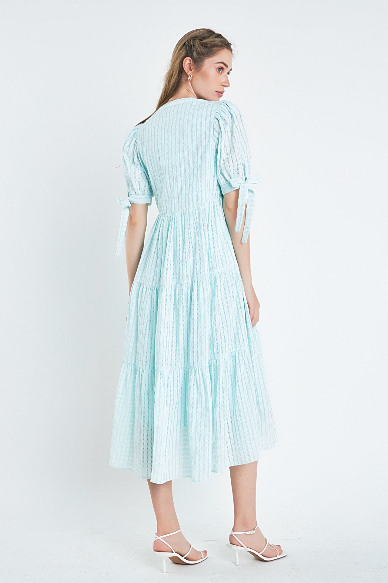 ENGLISH FACTORY - Gingham Tiered Midi Dress with Bow Tie Sleeves - DRESSES available at Objectrare