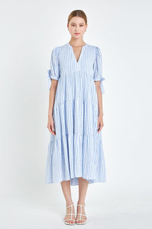 English Factory - Gingham Tiered Midi Dress with Bow Tie Sleeves