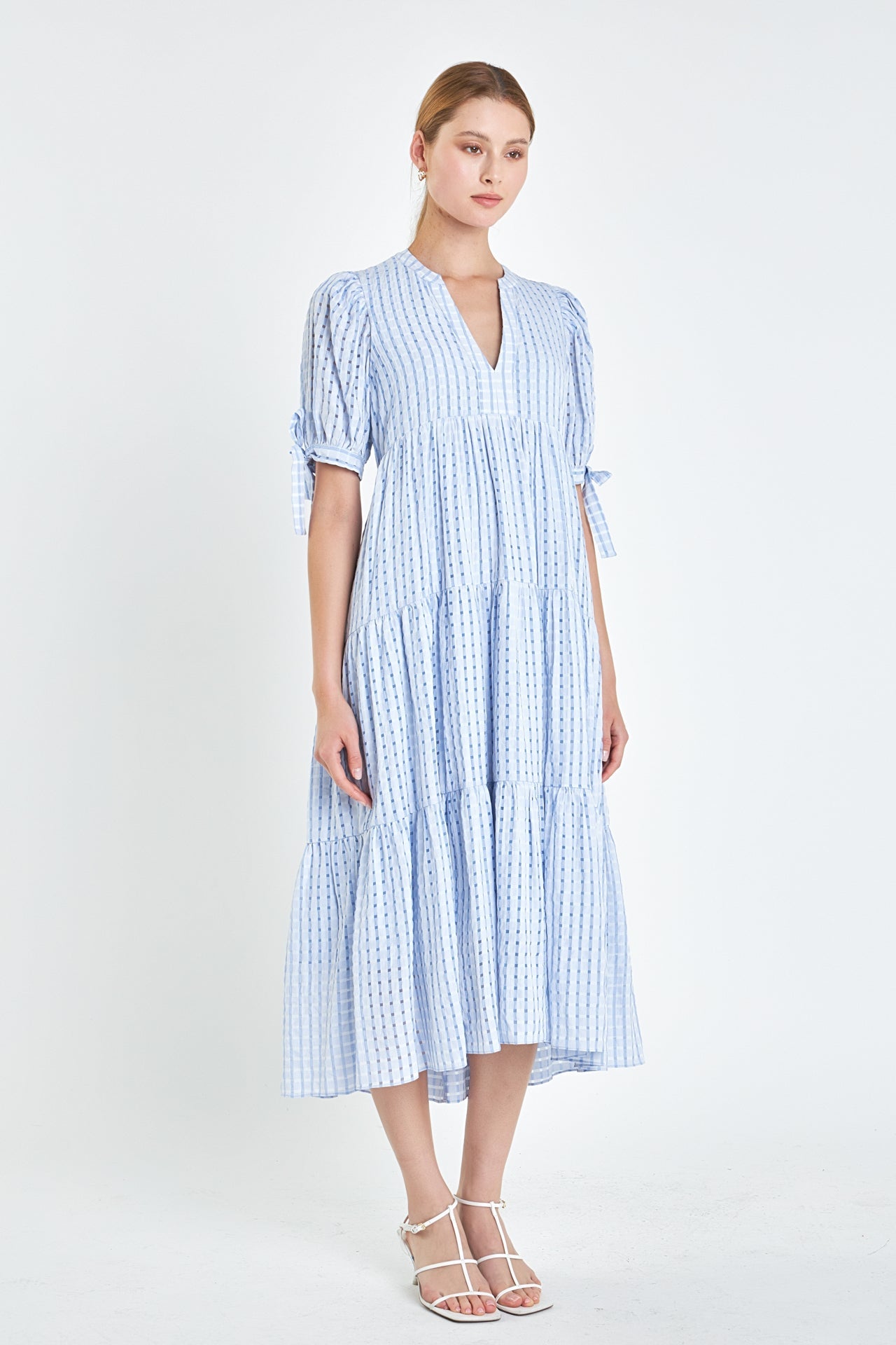 English Factory - Gingham Tiered Midi Dress with Bow Tie Sleeves