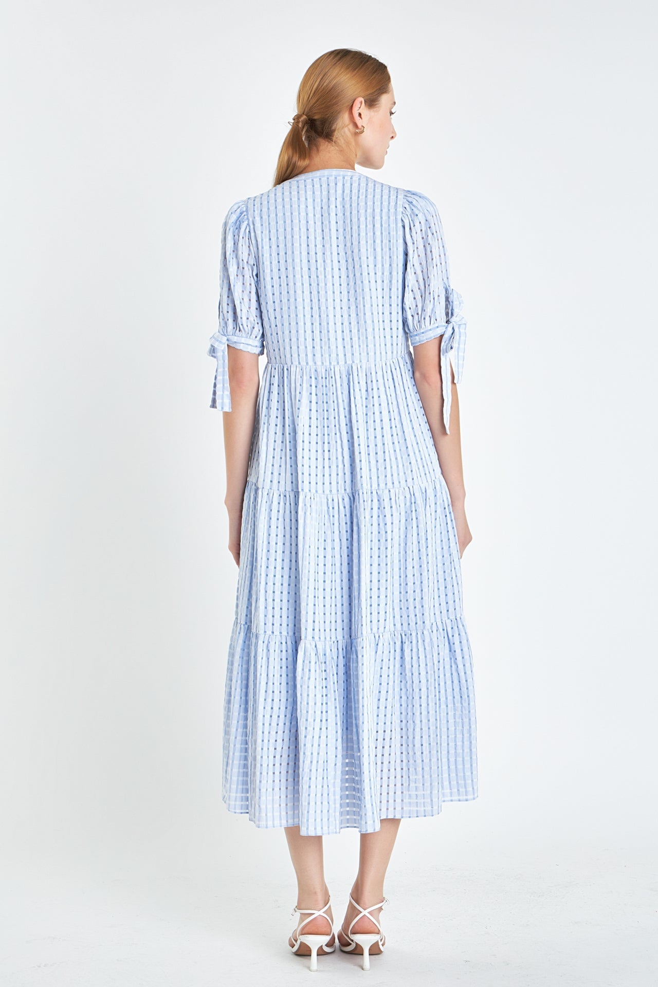 English Factory - Gingham Tiered Midi Dress with Bow Tie Sleeves