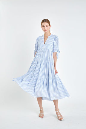 English Factory - Gingham Tiered Midi Dress with Bow Tie Sleeves