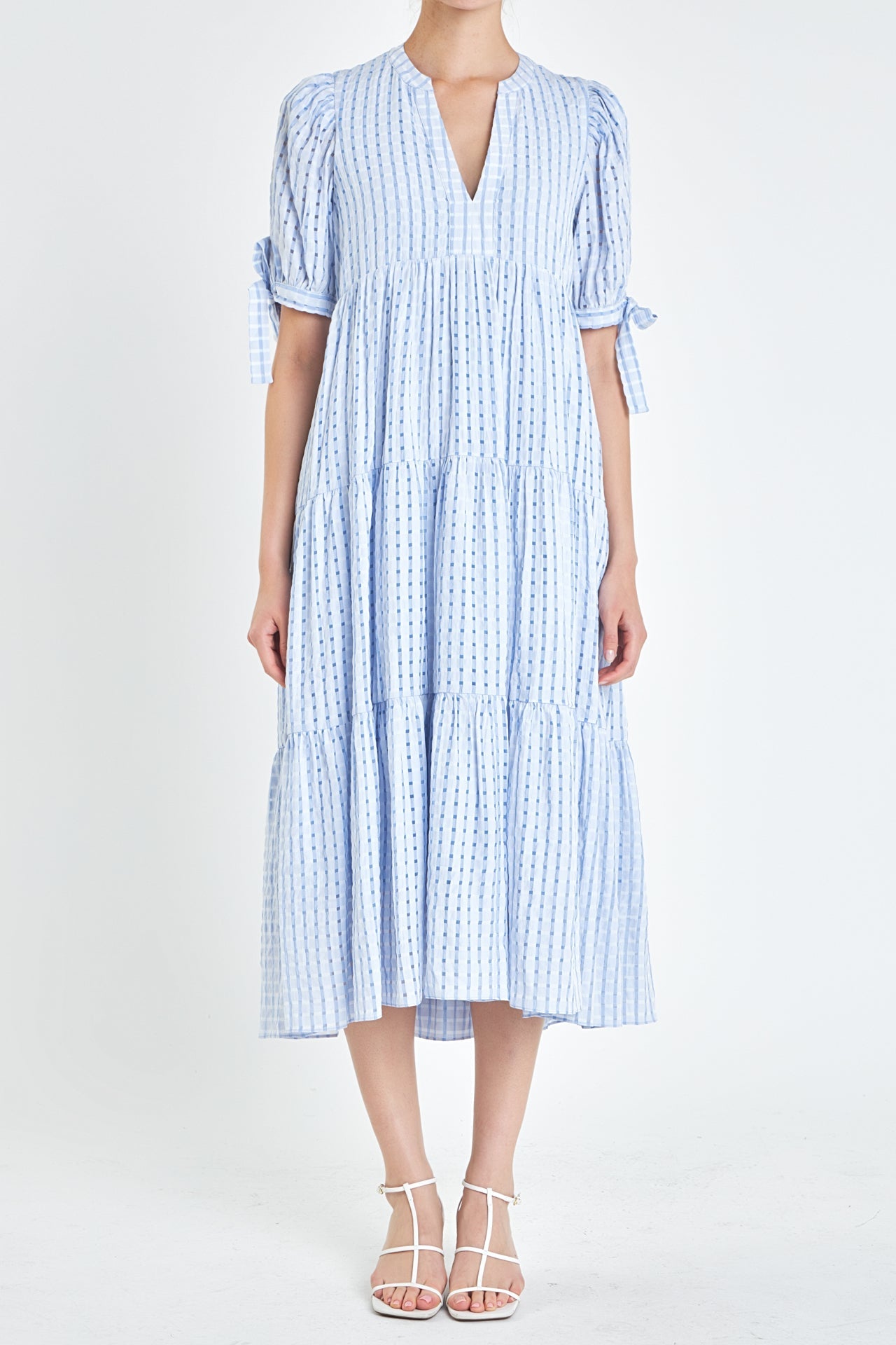 English Factory - Gingham Tiered Midi Dress with Bow Tie Sleeves