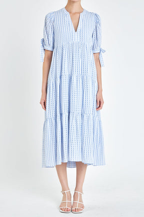 English Factory - Gingham Tiered Midi Dress with Bow Tie Sleeves