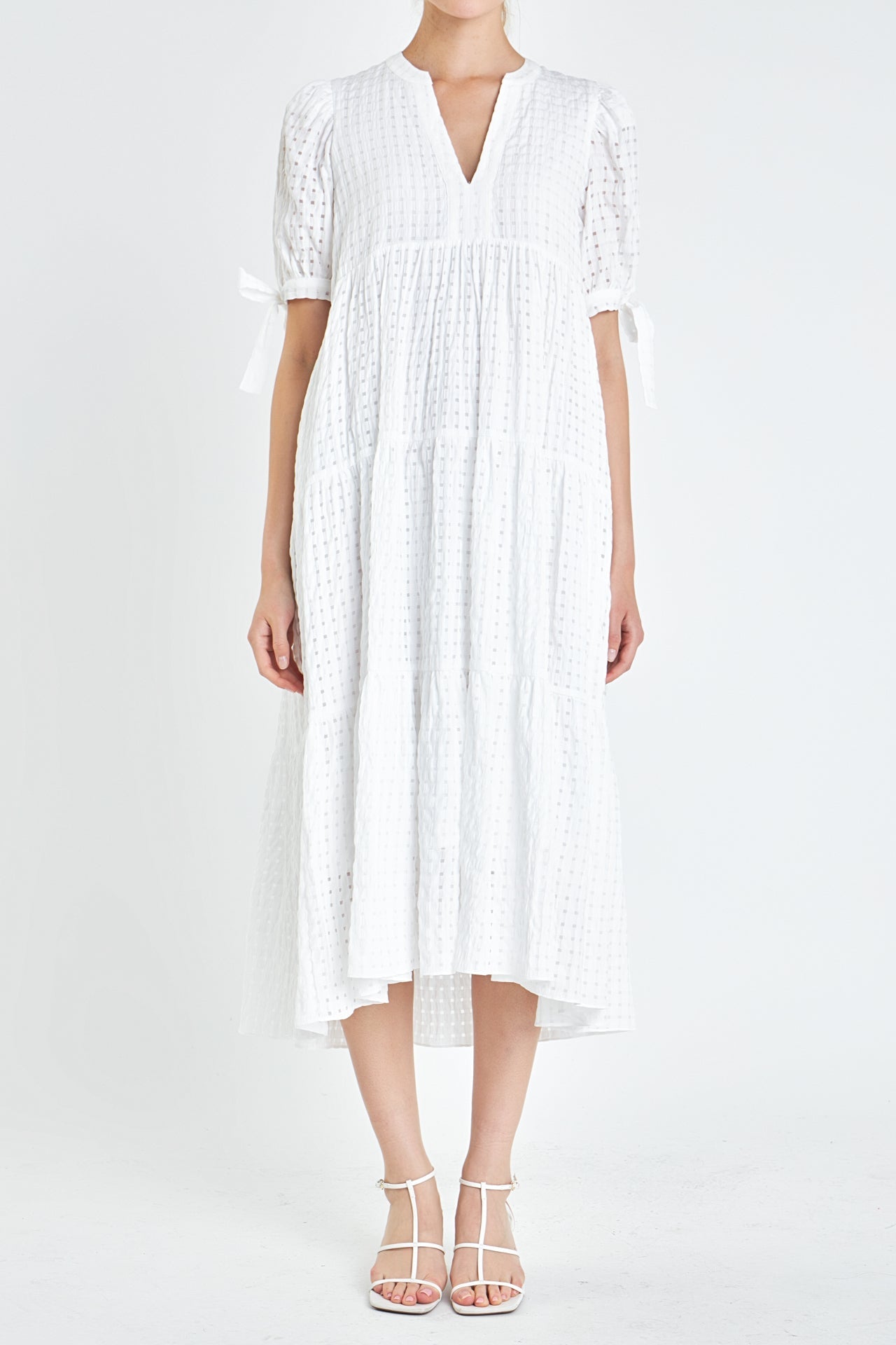 English Factory - Gingham Tiered Midi Dress with Bow Tie Sleeves