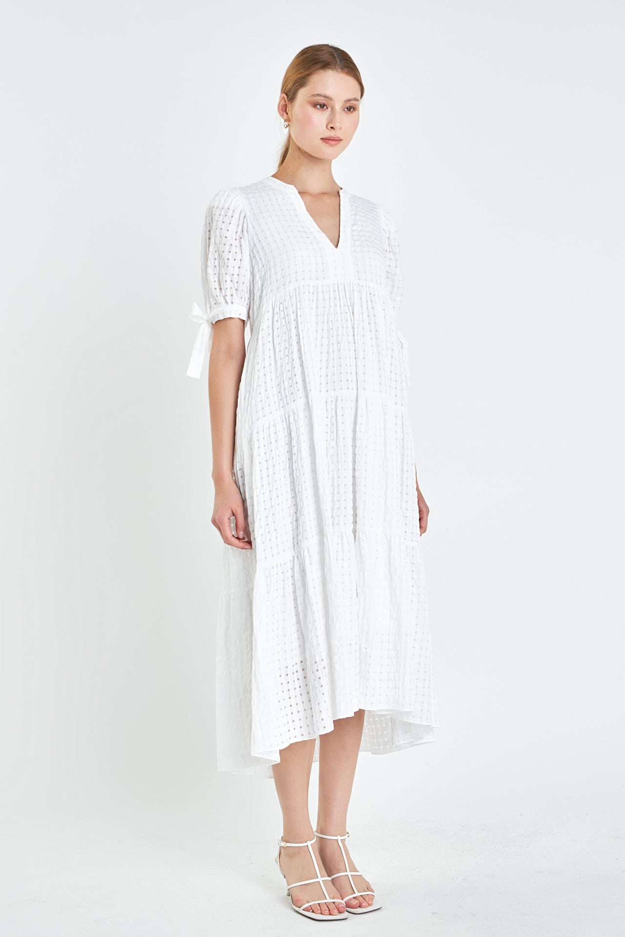 English Factory - Gingham Tiered Midi Dress with Bow Tie Sleeves