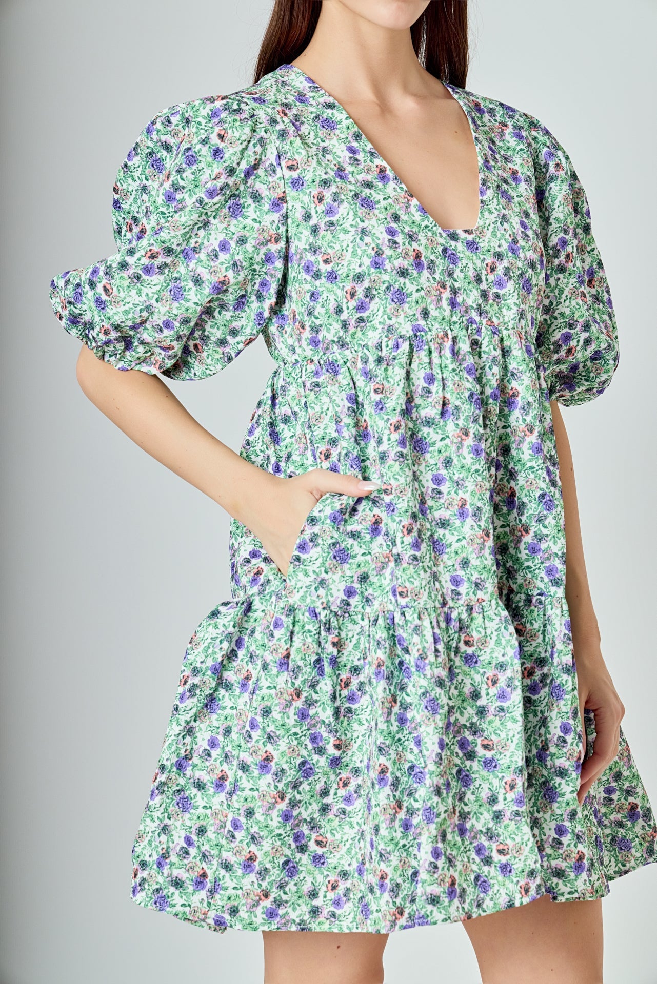 ENDLESS ROSE - Floral Puff Sleeve Jacquard High Low Dress - DRESSES available at Objectrare