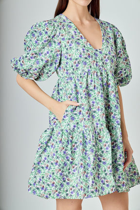 ENDLESS ROSE - Floral Puff Sleeve Jacquard High Low Dress - DRESSES available at Objectrare