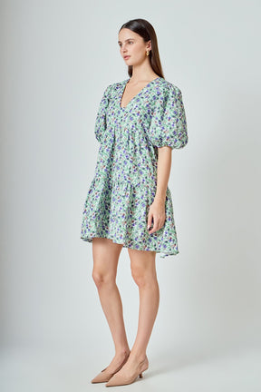 ENDLESS ROSE - Floral Puff Sleeve Jacquard High Low Dress - DRESSES available at Objectrare
