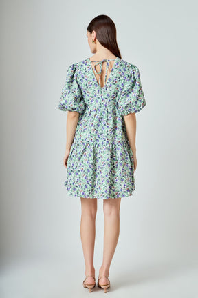 ENDLESS ROSE - Floral Puff Sleeve Jacquard High Low Dress - DRESSES available at Objectrare