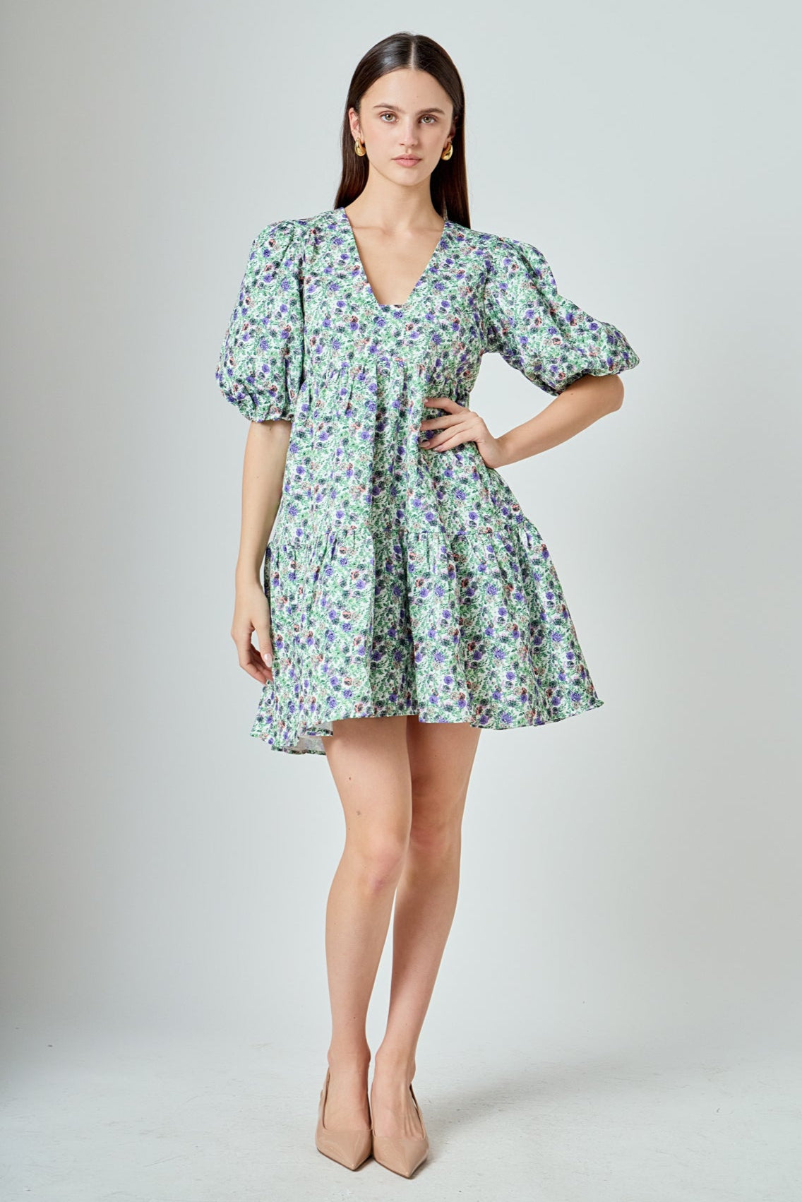 ENDLESS ROSE - Floral Puff Sleeve Jacquard High Low Dress - DRESSES available at Objectrare