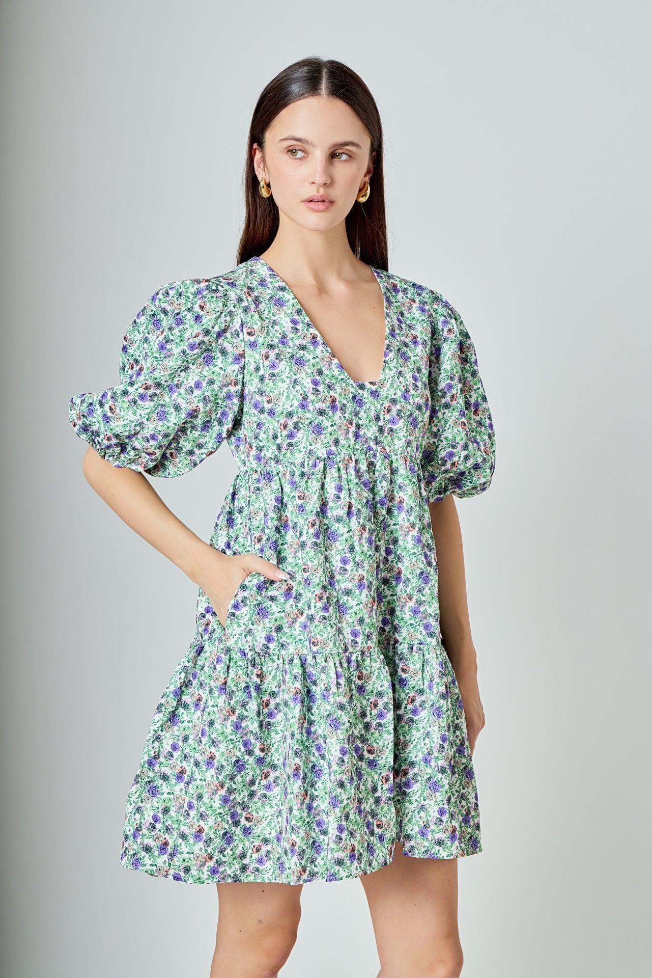 ENDLESS ROSE - Floral Puff Sleeve Jacquard High Low Dress - DRESSES available at Objectrare