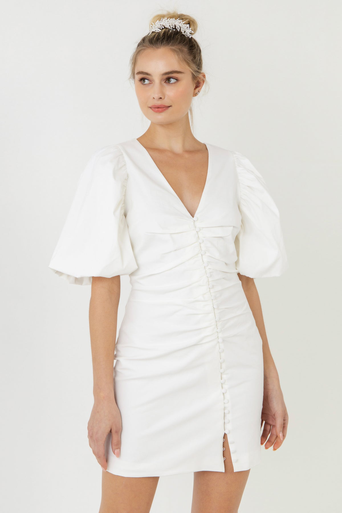 Asymmetical Buttoned Puff Sleeve Fitted Mini Dress