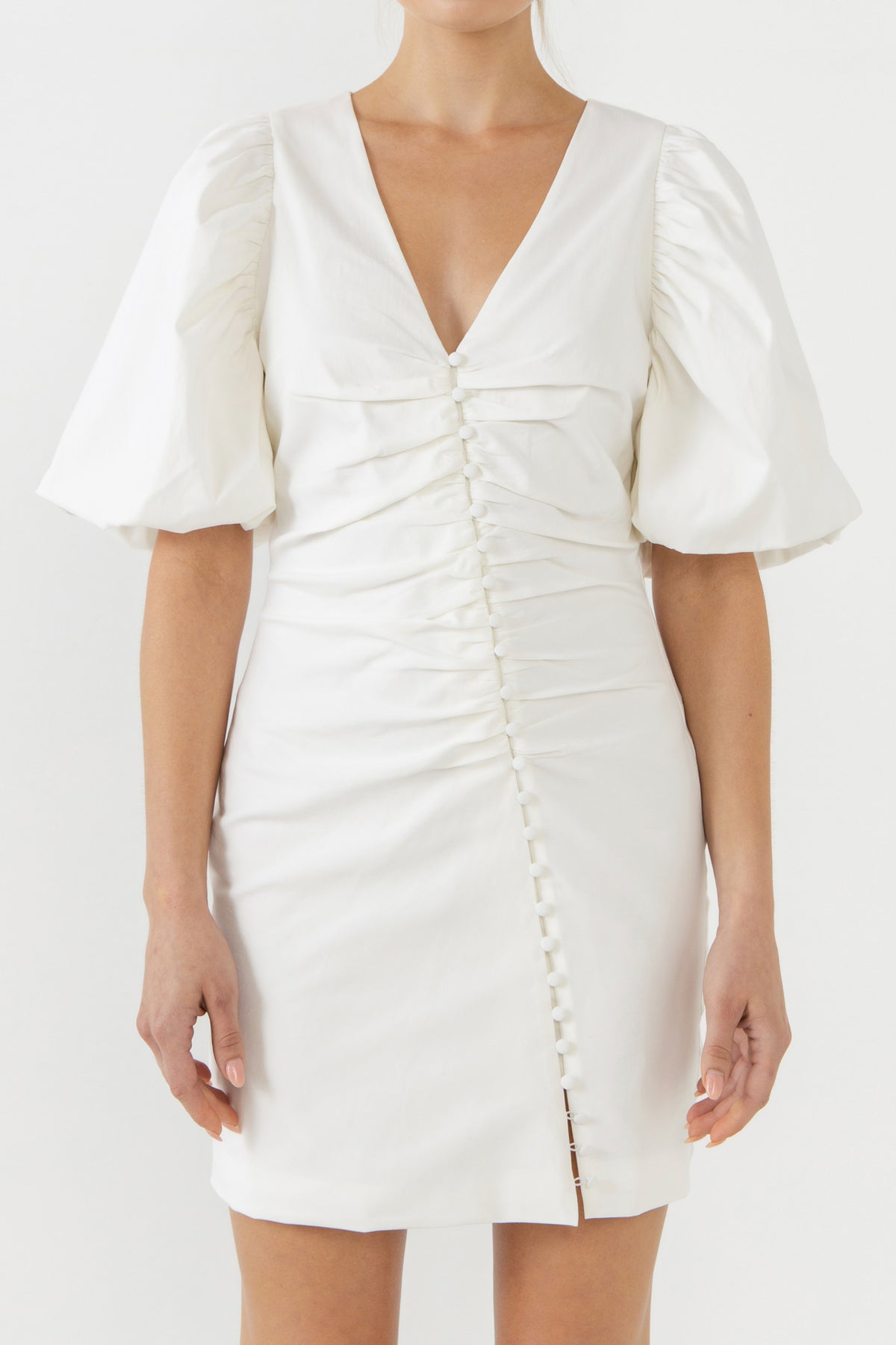 Asymmetical Buttoned Puff Sleeve Fitted Mini Dress