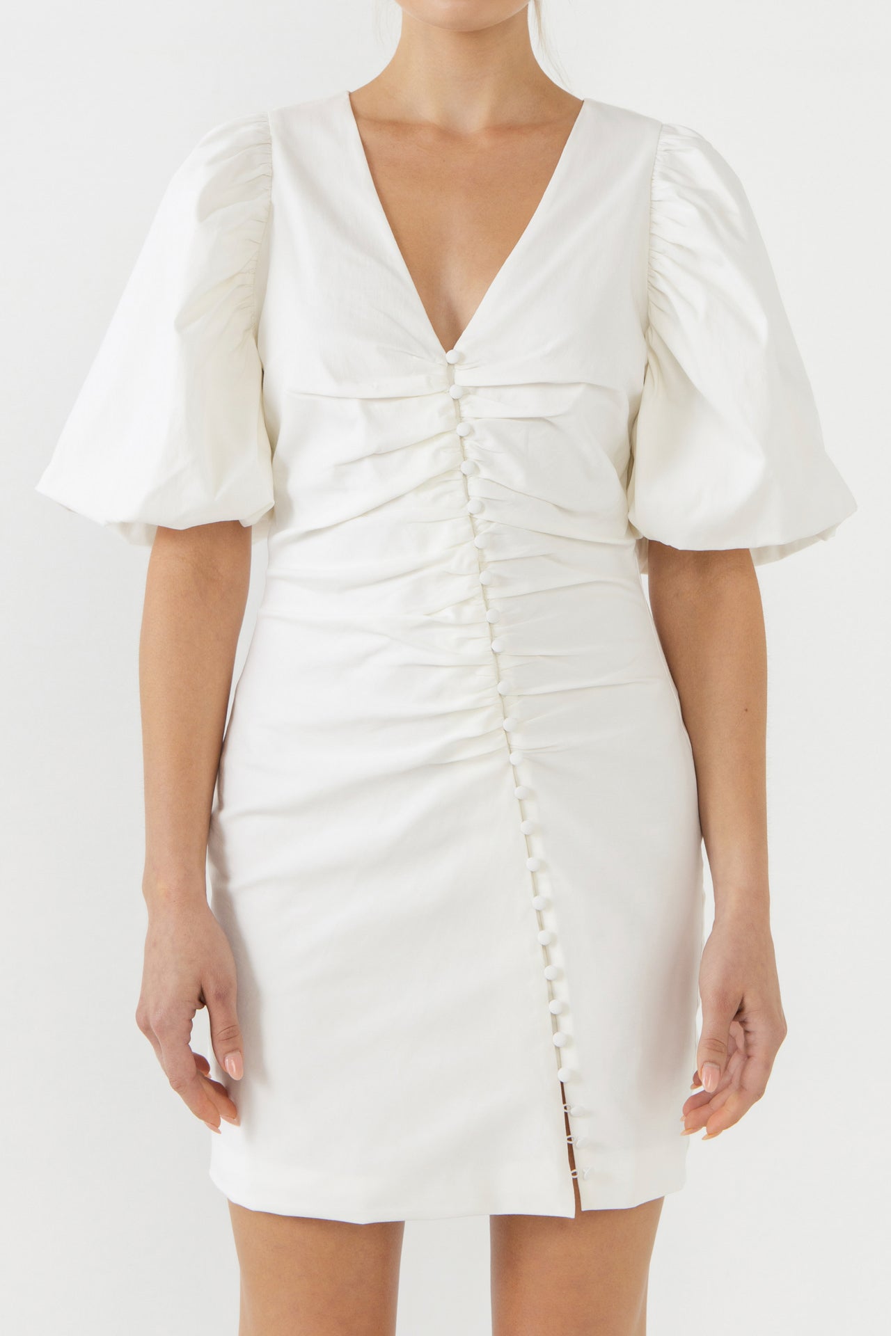 Asymmetical Buttoned Puff Sleeve Fitted Mini Dress