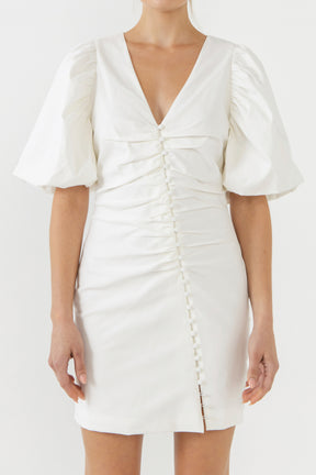 Asymmetical Buttoned Puff Sleeve Fitted Mini Dress