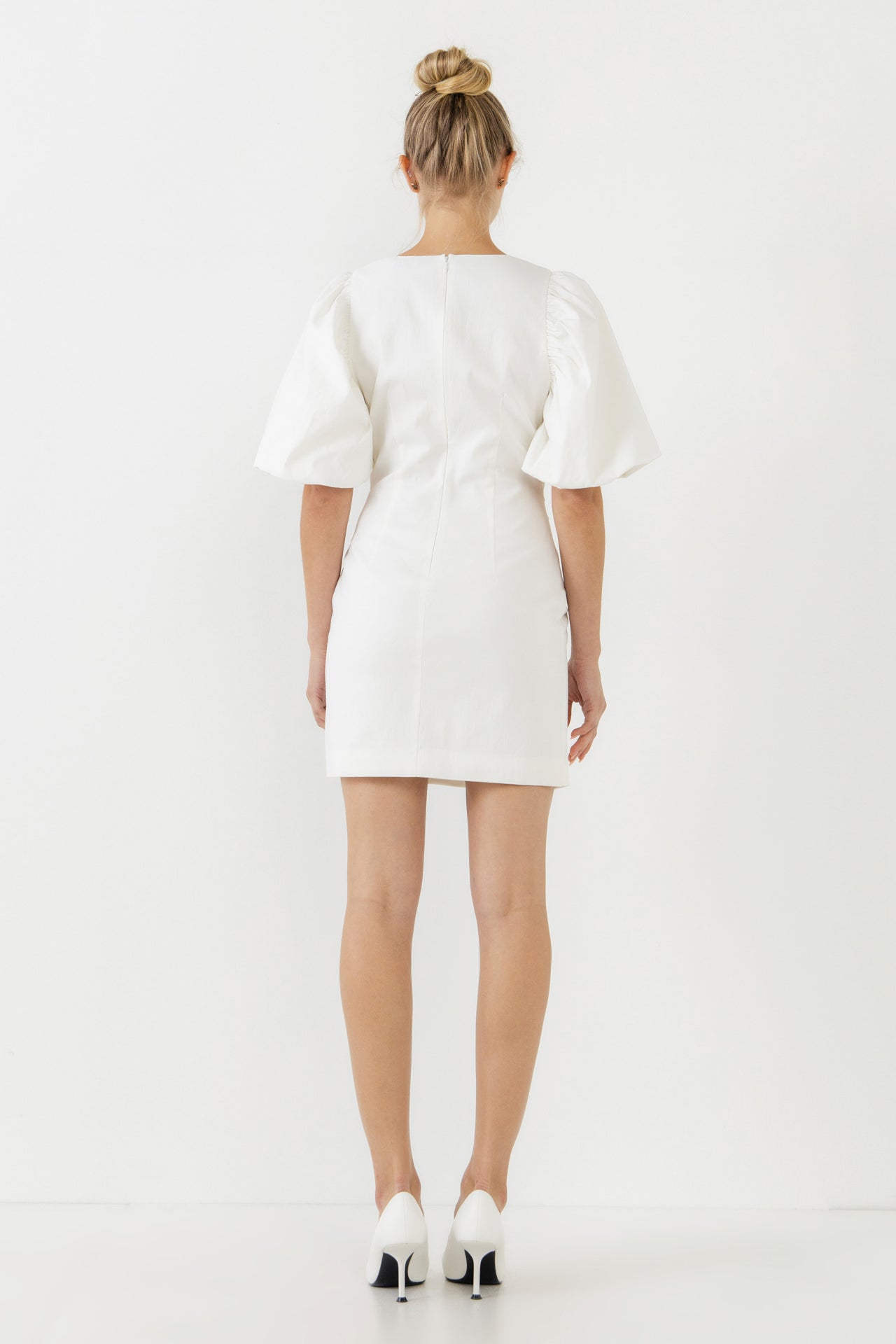 Asymmetical Buttoned Puff Sleeve Fitted Mini Dress