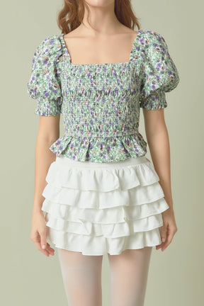ENDLESS ROSE - Jacquard Floral Smocked Puff Sleeve Top - TOPS available at Objectrare