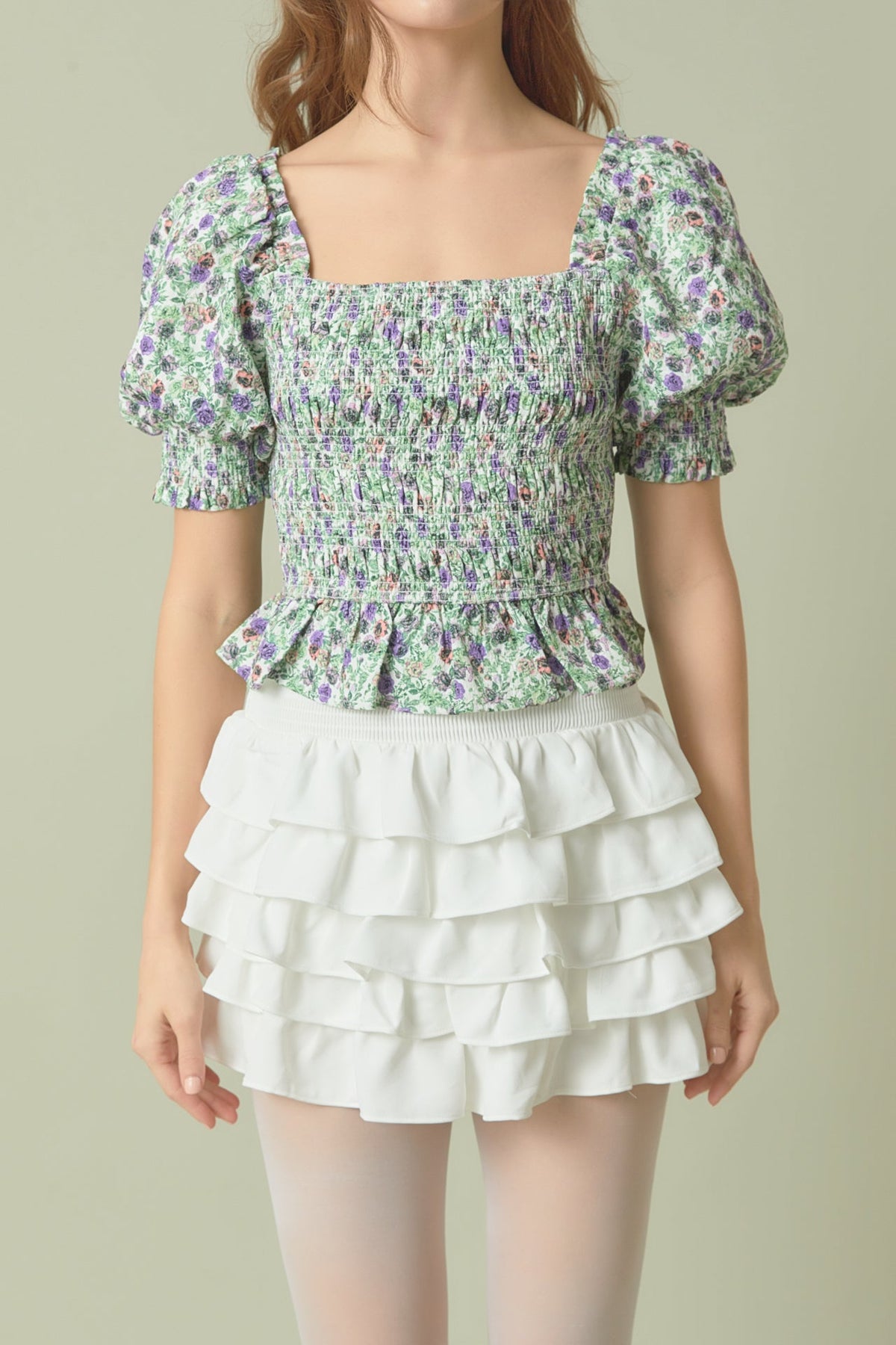 ENDLESS ROSE - Jacquard Floral Smocked Puff Sleeve Top - TOPS available at Objectrare