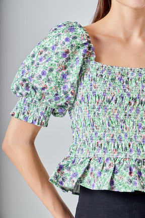 ENDLESS ROSE - Jacquard Floral Smocked Puff Sleeve Top - TOPS available at Objectrare