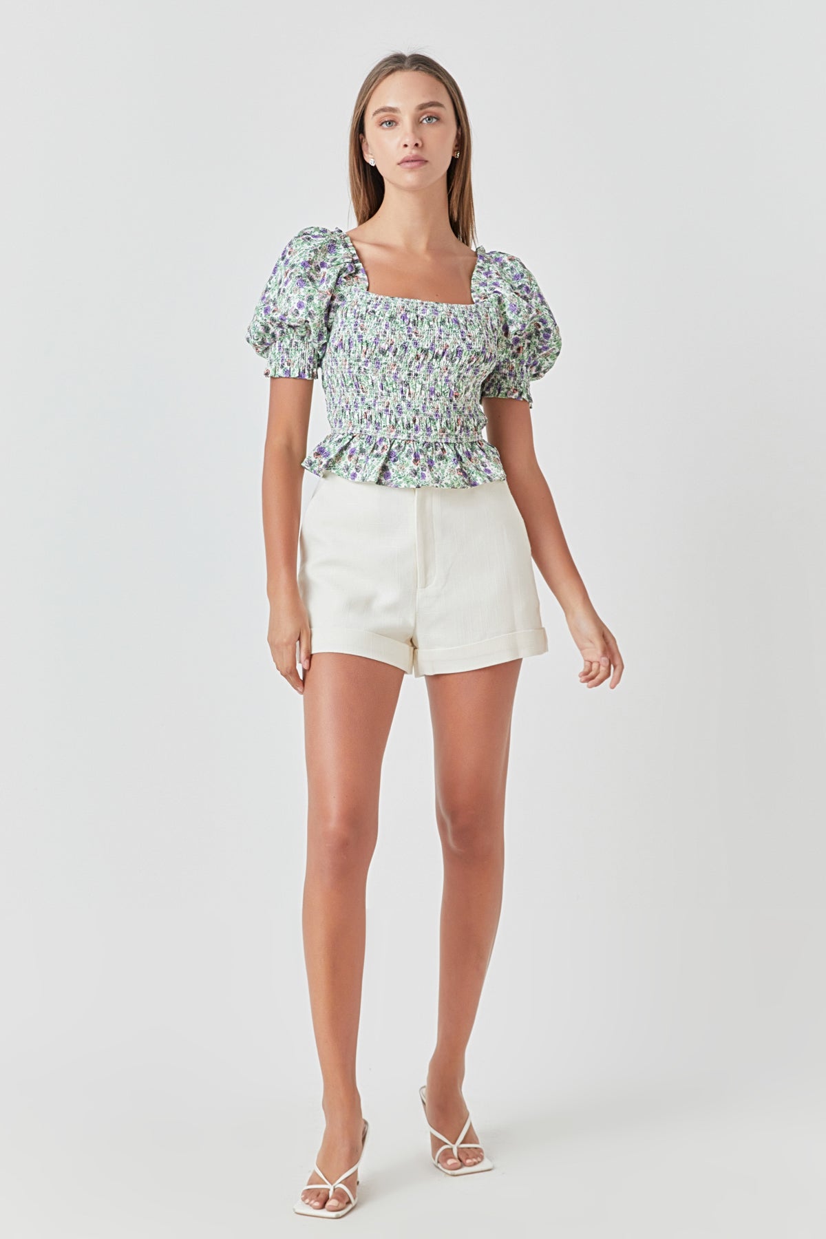 ENDLESS ROSE - Jacquard Floral Smocked Puff Sleeve Top - TOPS available at Objectrare