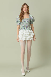 ENDLESS ROSE - Jacquard Floral Smocked Puff Sleeve Top - TOPS available at Objectrare