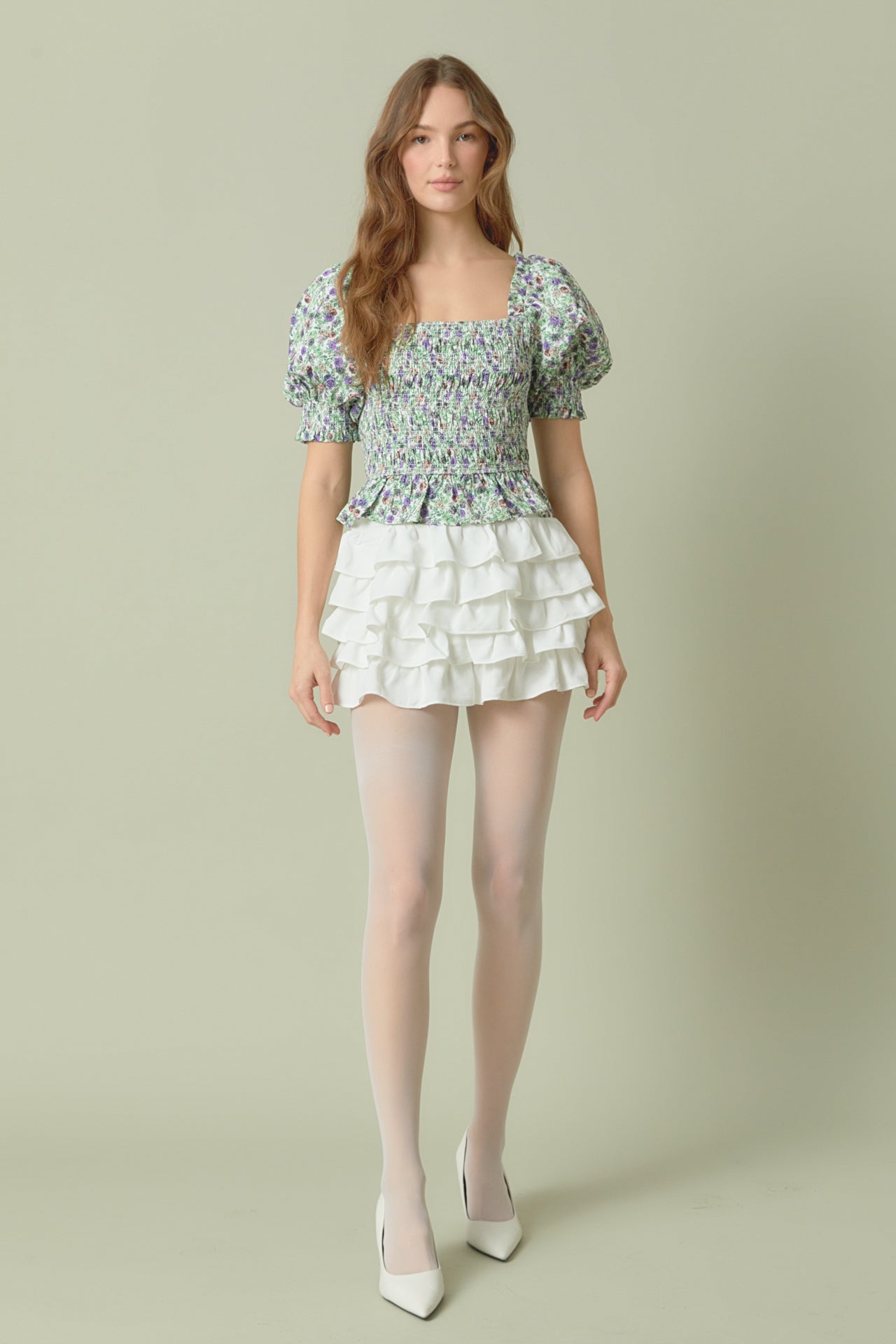 ENDLESS ROSE - Endless Rose - Jacquard Floral Smocked Puff Sleeve Top - TOPS available at Objectrare