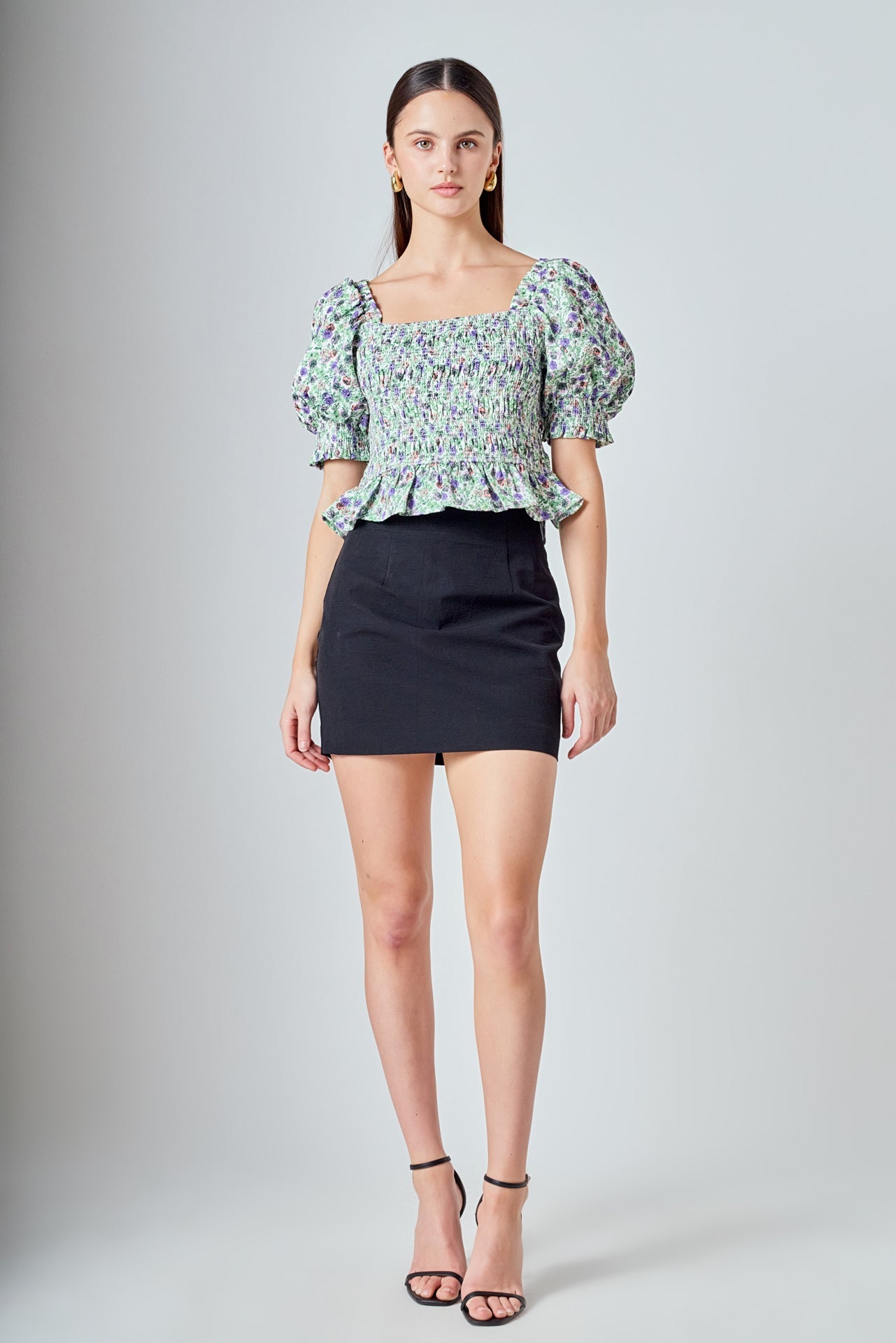 ENDLESS ROSE - Jacquard Floral Smocked Puff Sleeve Top - TOPS available at Objectrare